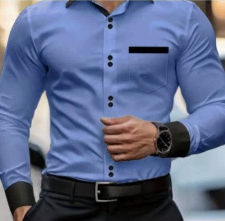 Mens Casual Solid-Color Pocket Long-Sleeve Shirt