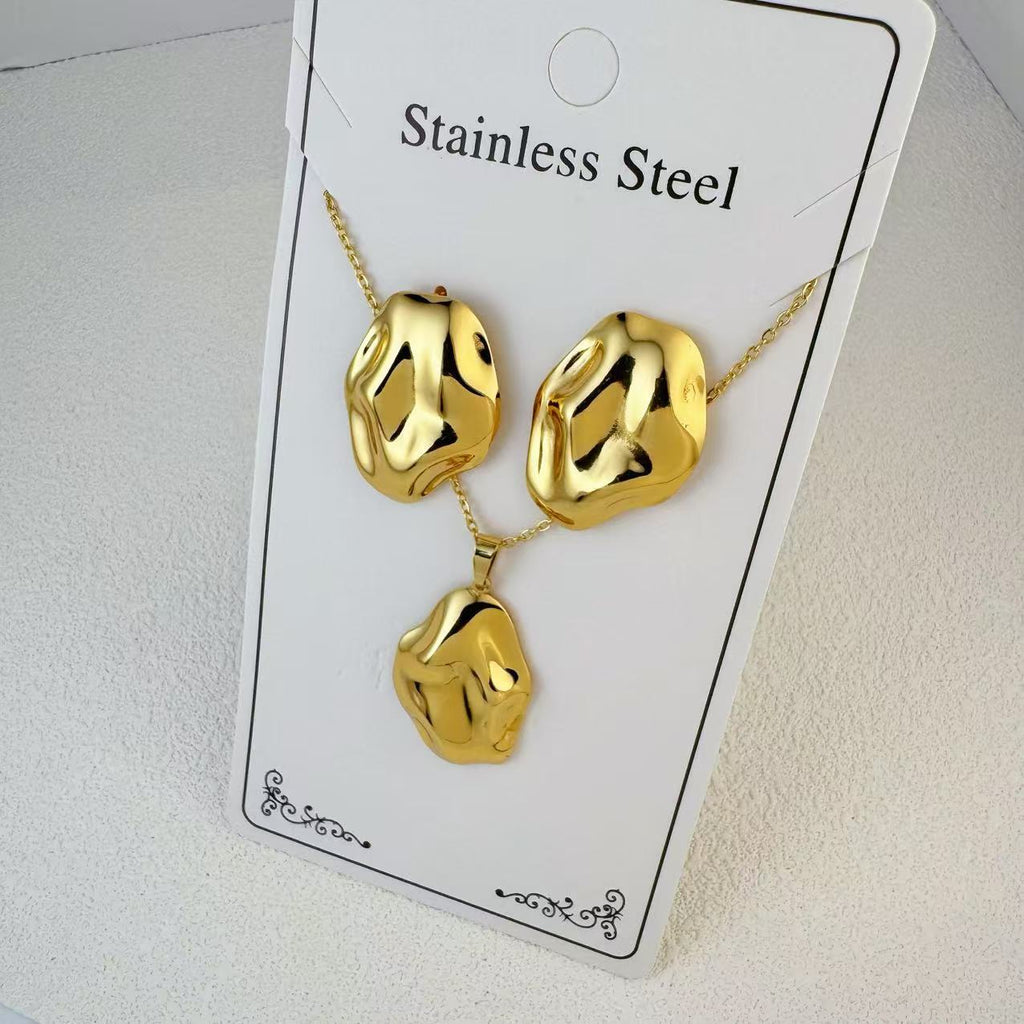 New Stainless Steel Plated 18k Gold Necklace Earring Set