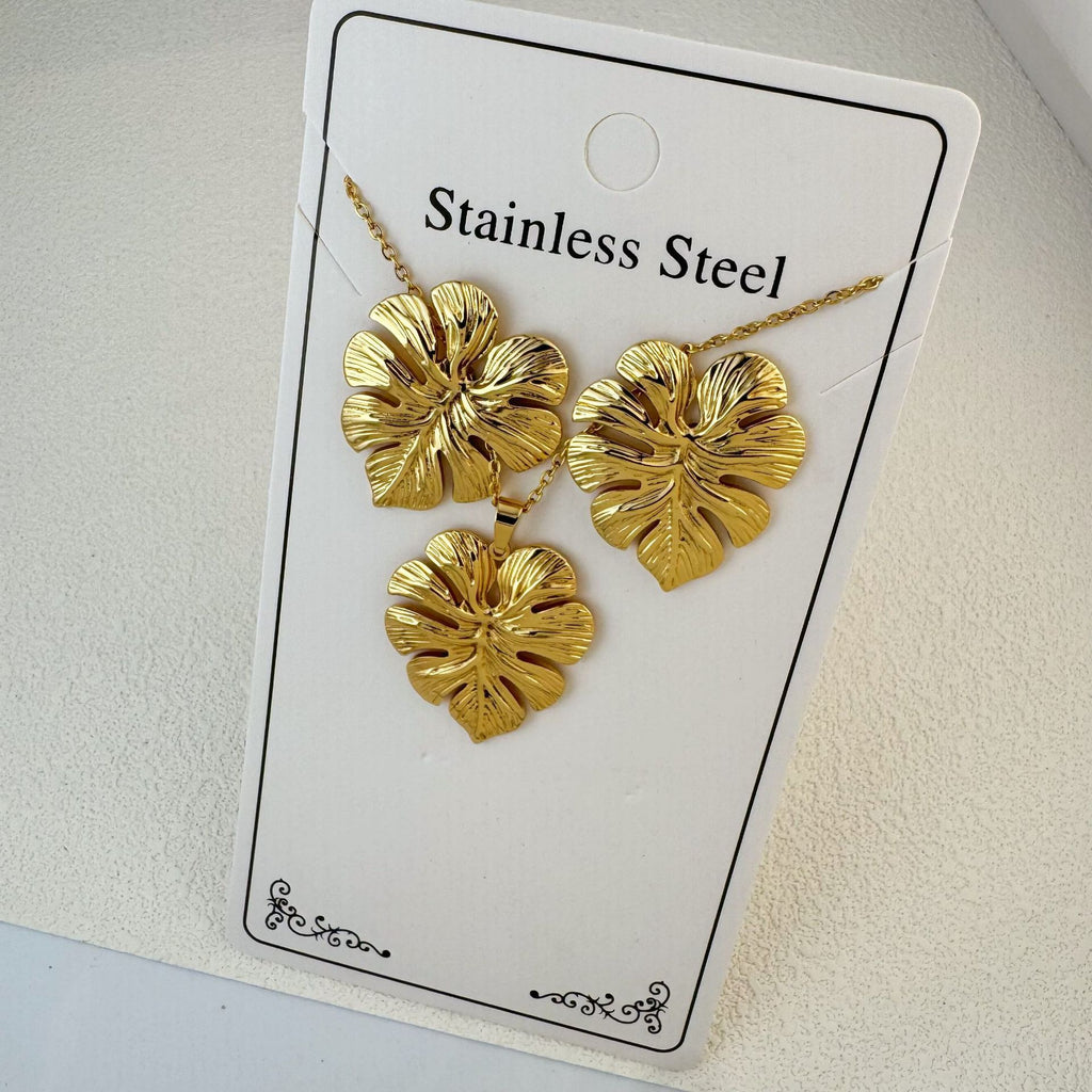 New Stainless Steel Plated 18k Gold Necklace Earring Set