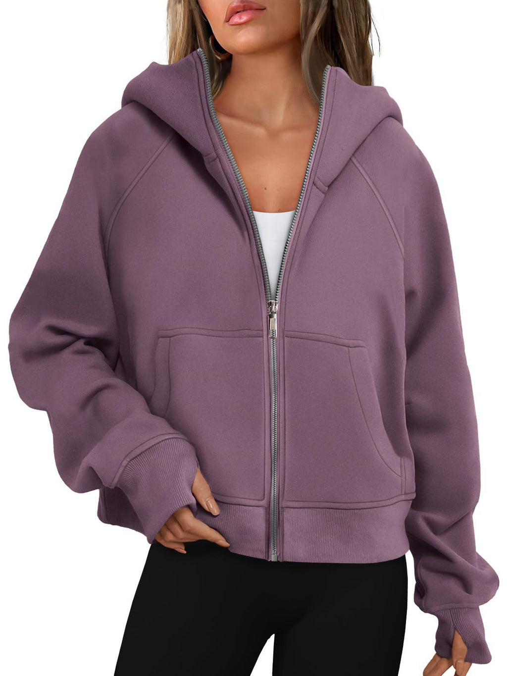 Loose Zip Long Hooded Thumb Hole Brushed Hoody