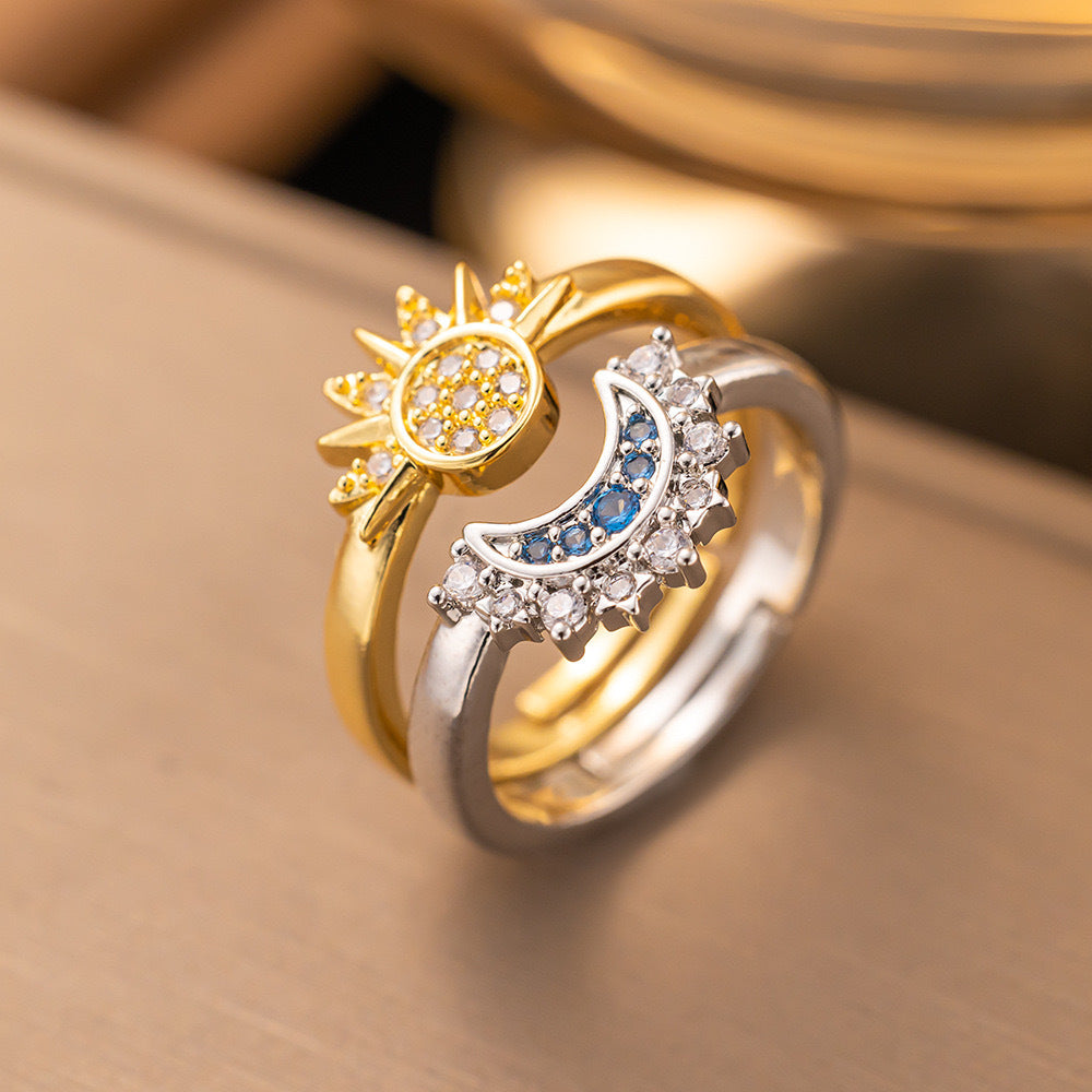 Sun Moon Necklace Open Ring Set