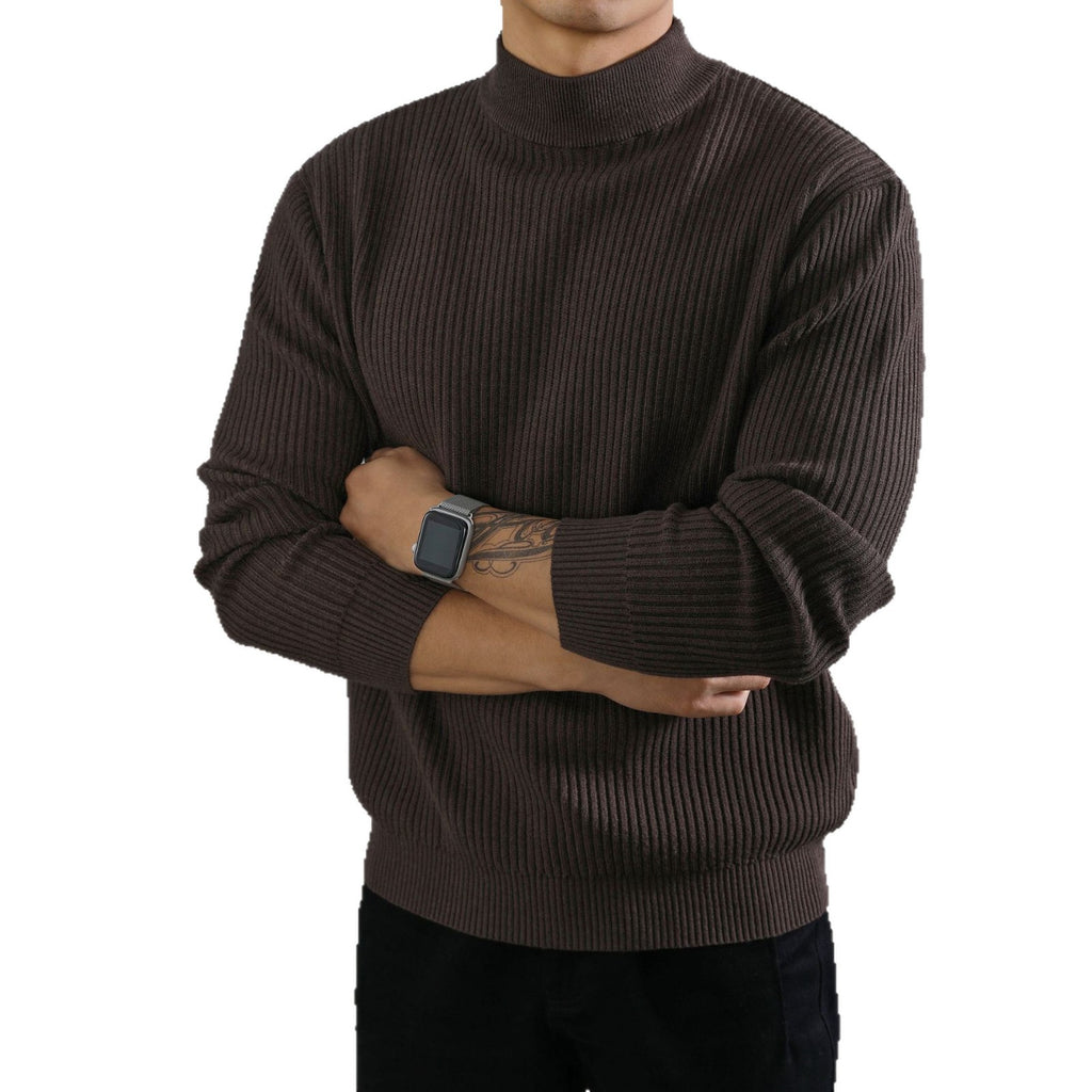 Mens Warm Korean-style Half-turtleneck Sweater With Vertical Stripes For Layering