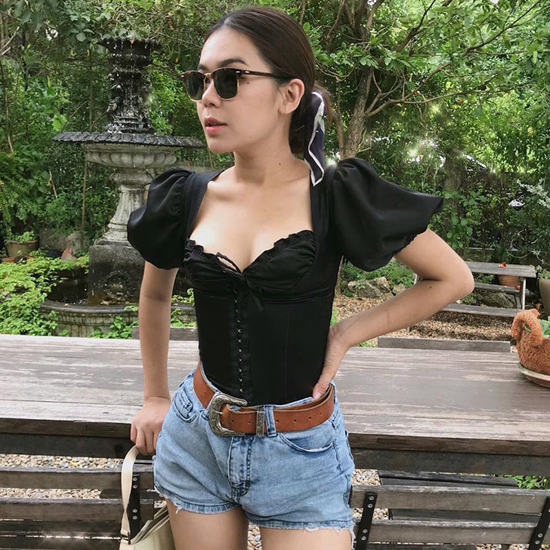 New style pleated umbilical lace top women