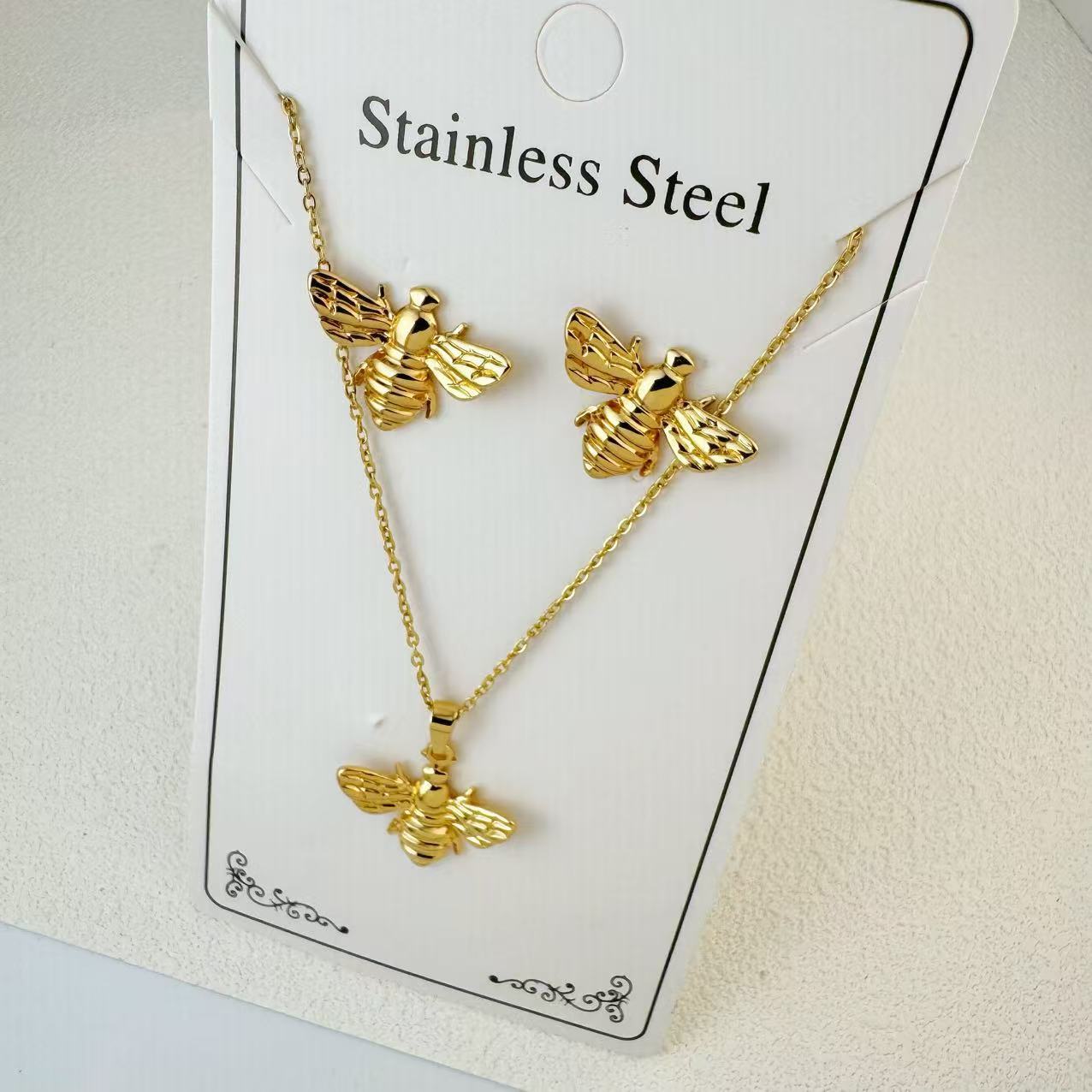 New Stainless Steel Plated 18k Gold Necklace Earring Set