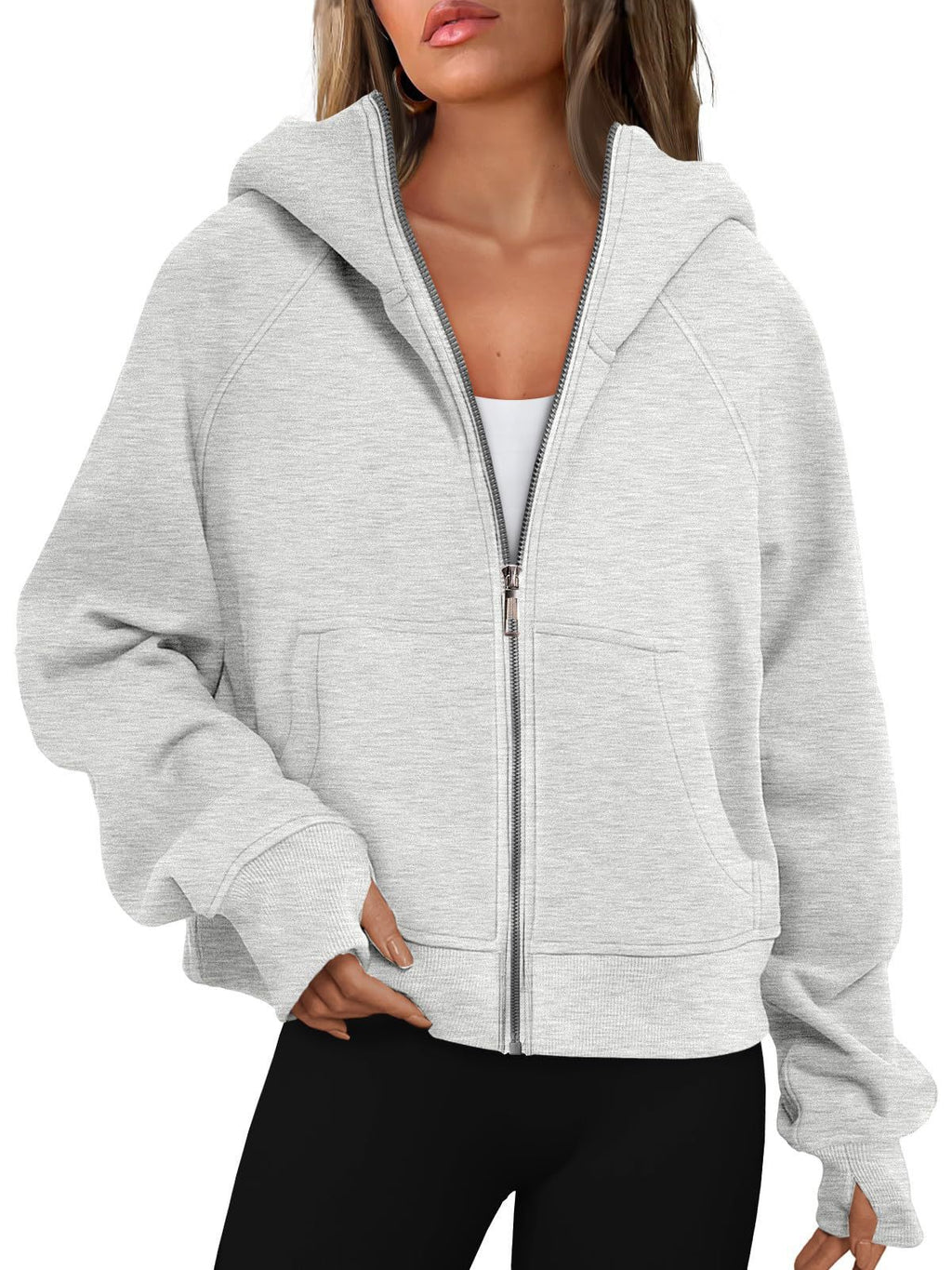 Loose Zip Long Hooded Thumb Hole Brushed Hoody