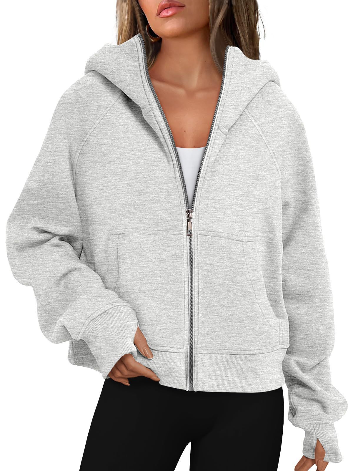 Loose Zip Long Hooded Thumb Hole Brushed Hoody