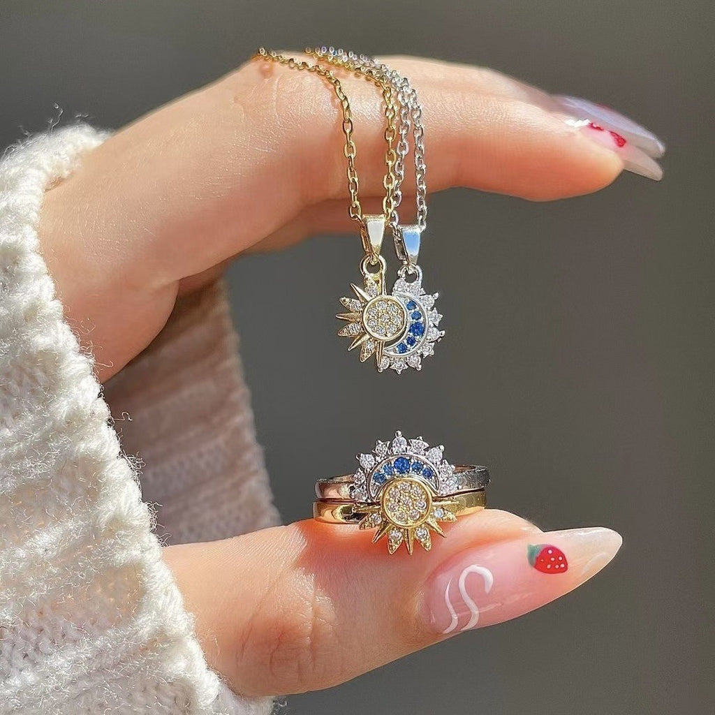 Sun Moon Necklace Open Ring Set