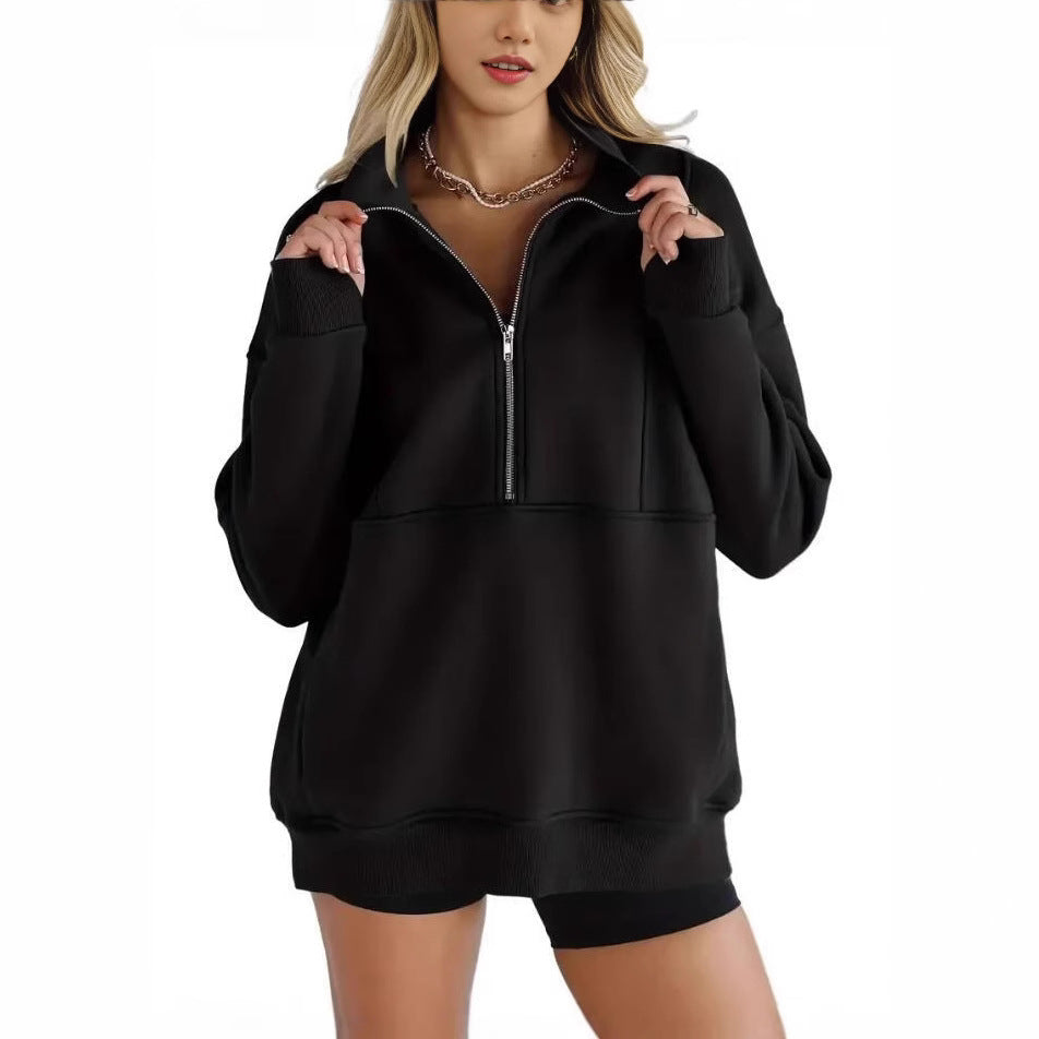 Zipper Patchwork Pocket Brushed Hoody Women's Loose