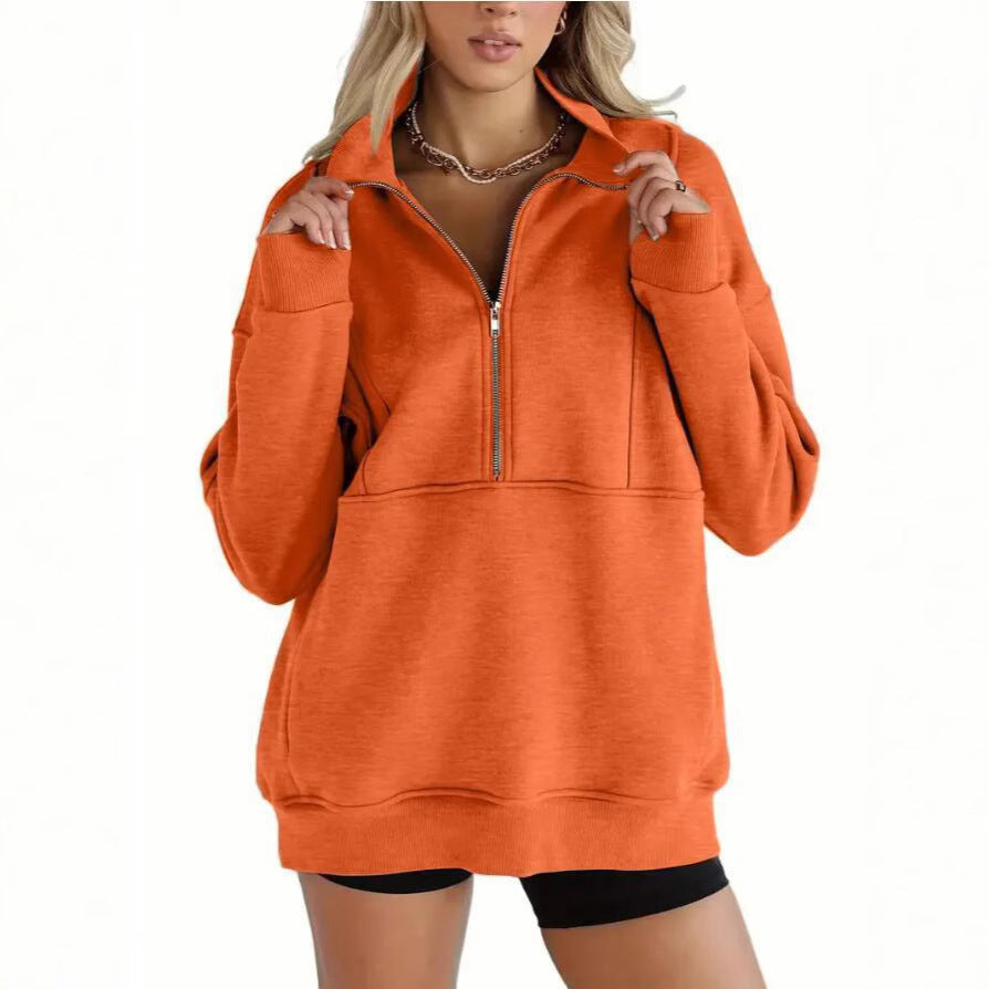 Zipper Patchwork Pocket Brushed Hoody Women's Loose