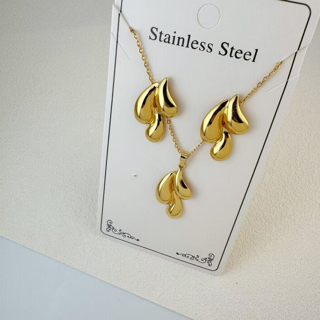New Stainless Steel Plated 18k Gold Necklace Earring Set