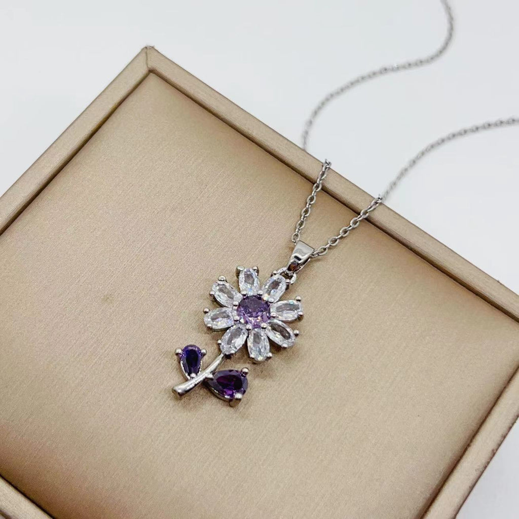 Zirconia Purple Flower Light Luxury Necklace And Earrings