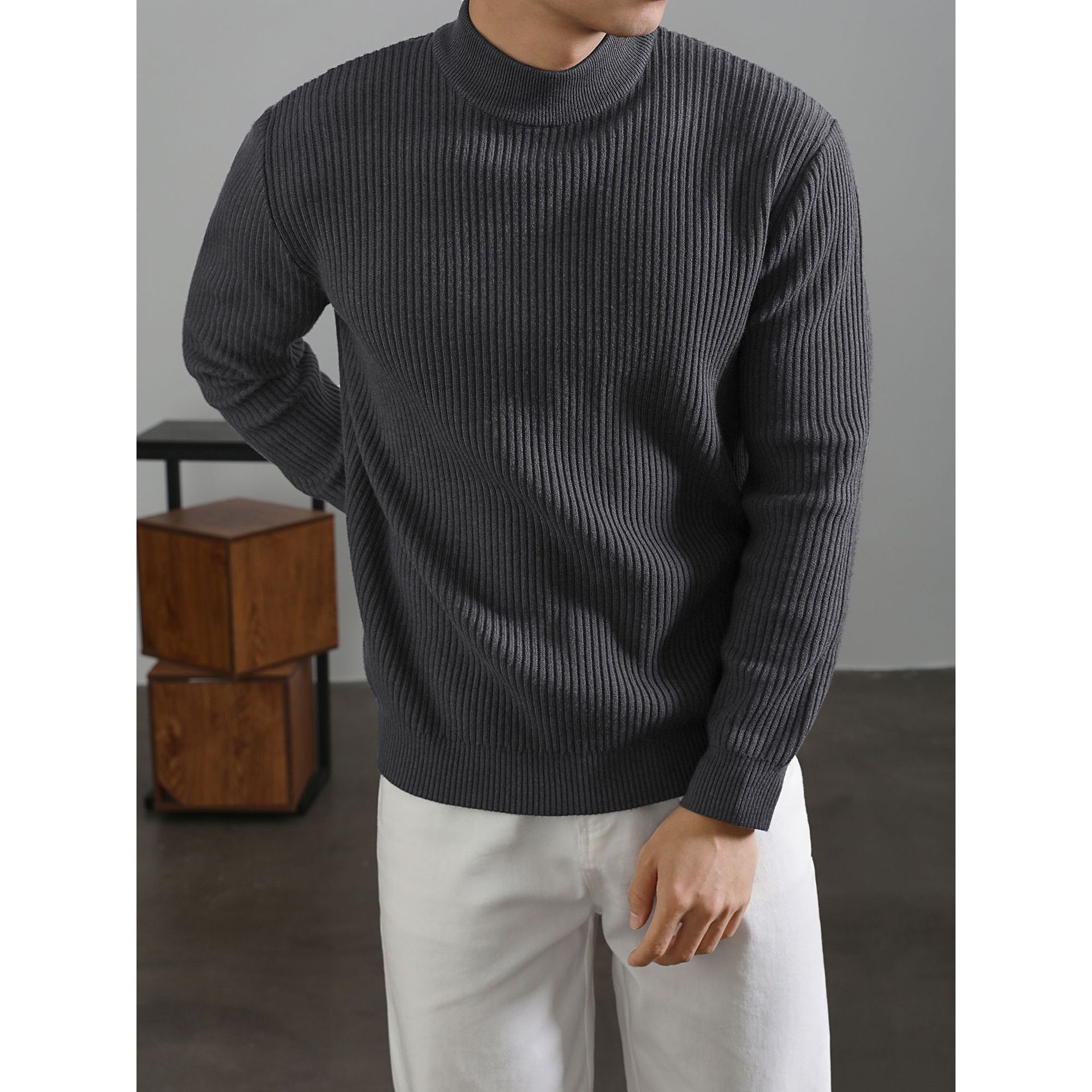 Mens Warm Korean-style Half-turtleneck Sweater With Vertical Stripes For Layering