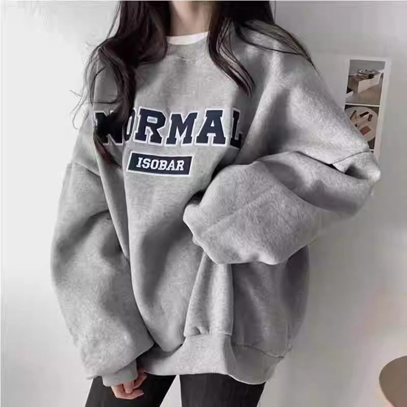 Gray Capless Round Neck Brushed Hoody Women's Loose