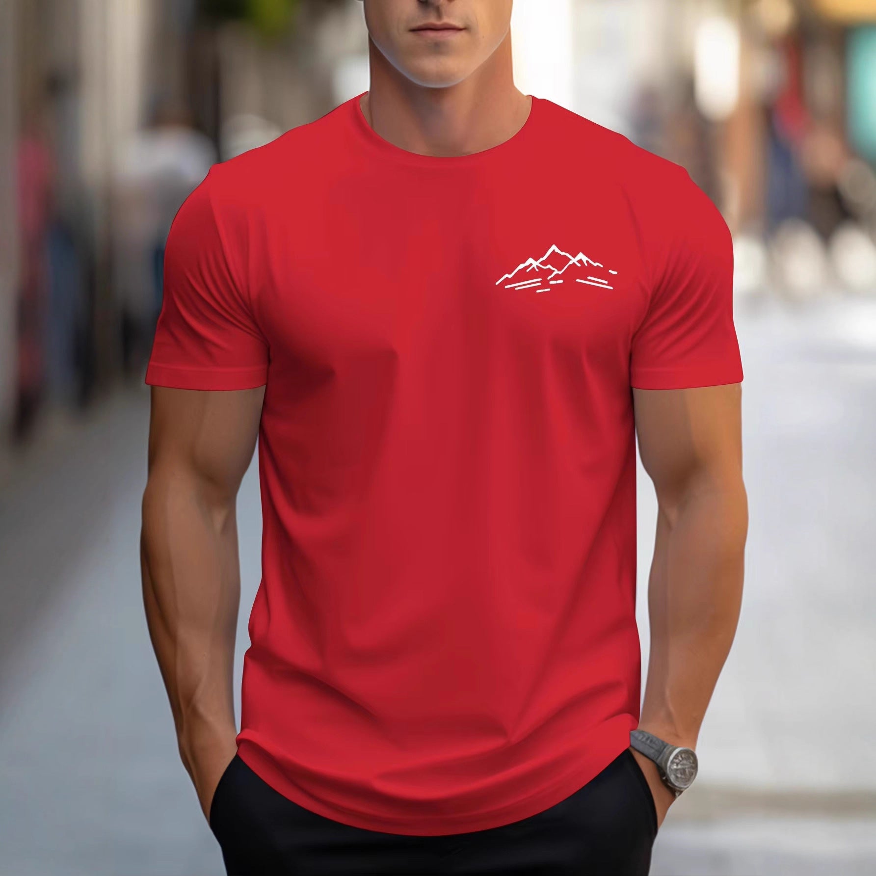 Cotton Relaxed Fit Mountain Pattern Printed Crew Neck Short Sleeve T Shirt For Sports