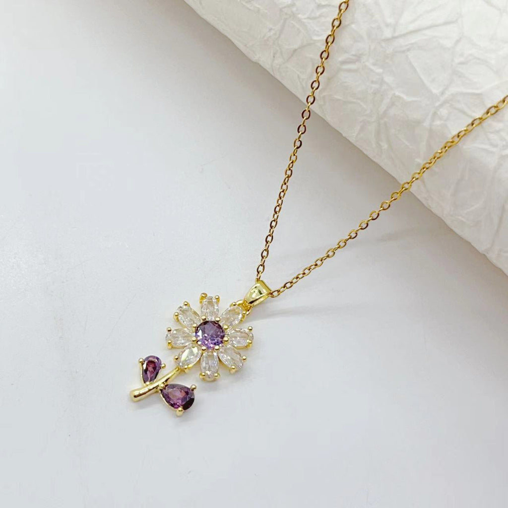 Zirconia Purple Flower Light Luxury Necklace And Earrings