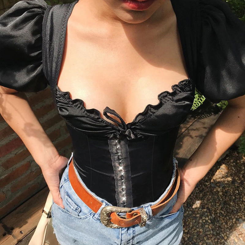 New style pleated umbilical lace top women