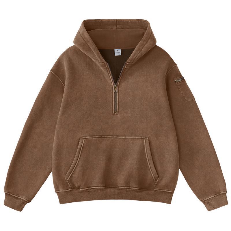 Mens Solid-Color Zip-Up Casual Loose Long-Sleeve Hoodie