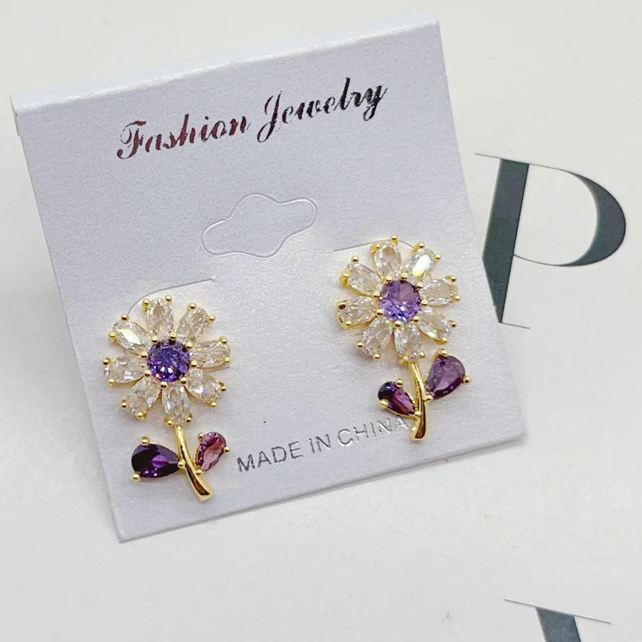 Zirconia Purple Flower Light Luxury Necklace And Earrings