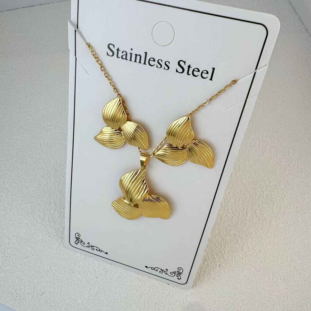 New Stainless Steel Plated 18k Gold Necklace Earring Set