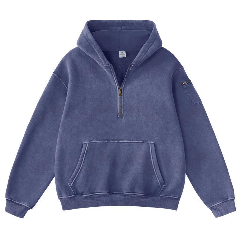 Mens Solid-Color Zip-Up Casual Loose Long-Sleeve Hoodie