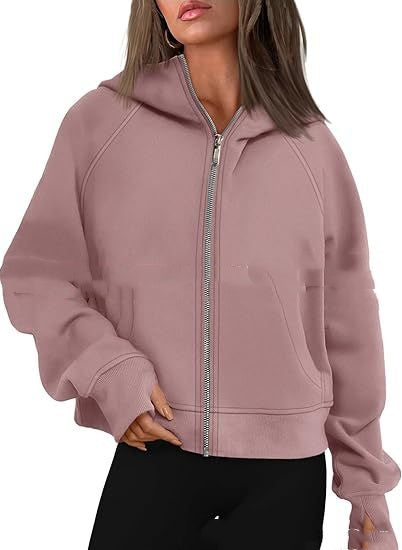 Loose Zip Long Hooded Thumb Hole Brushed Hoody