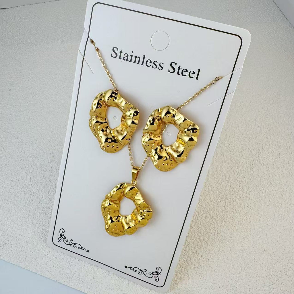 New Stainless Steel Plated 18k Gold Necklace Earring Set
