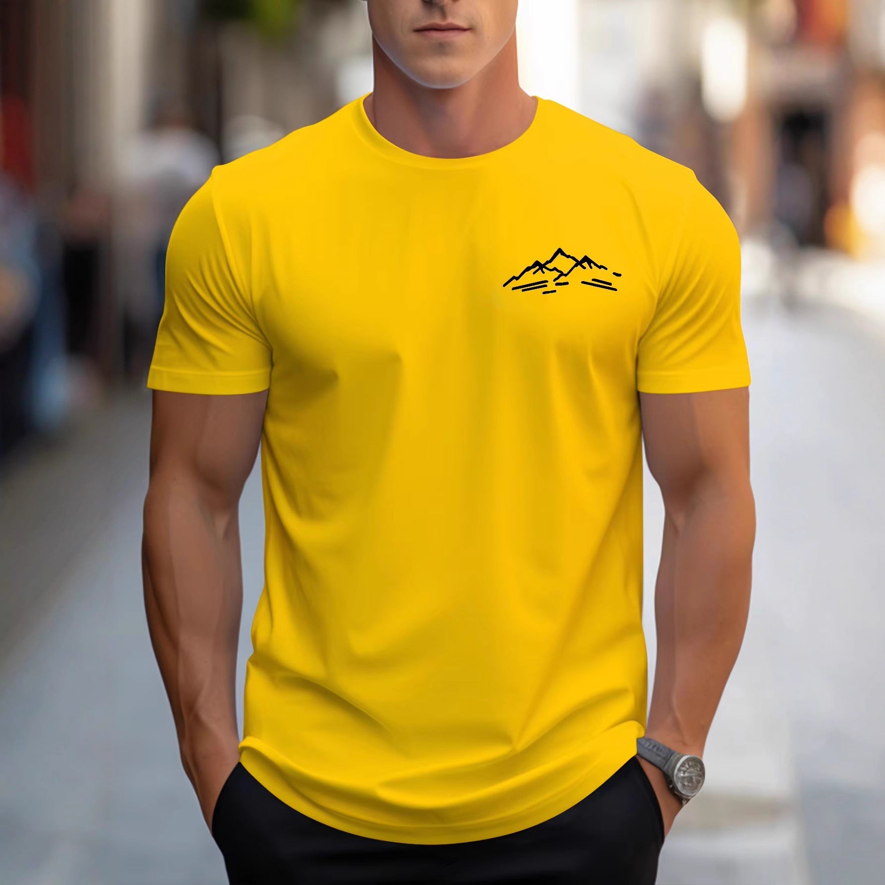 Cotton Relaxed Fit Mountain Pattern Printed Crew Neck Short Sleeve T Shirt For Sports