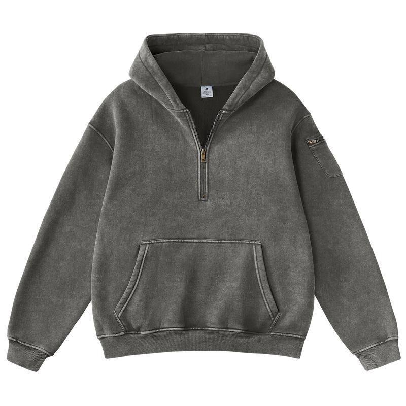 Mens Solid-Color Zip-Up Casual Loose Long-Sleeve Hoodie