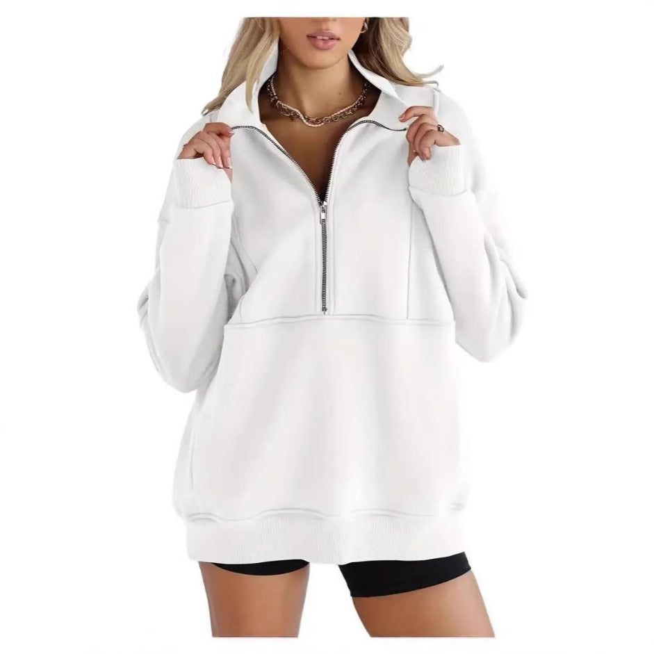 Zipper Patchwork Pocket Brushed Hoody Women's Loose