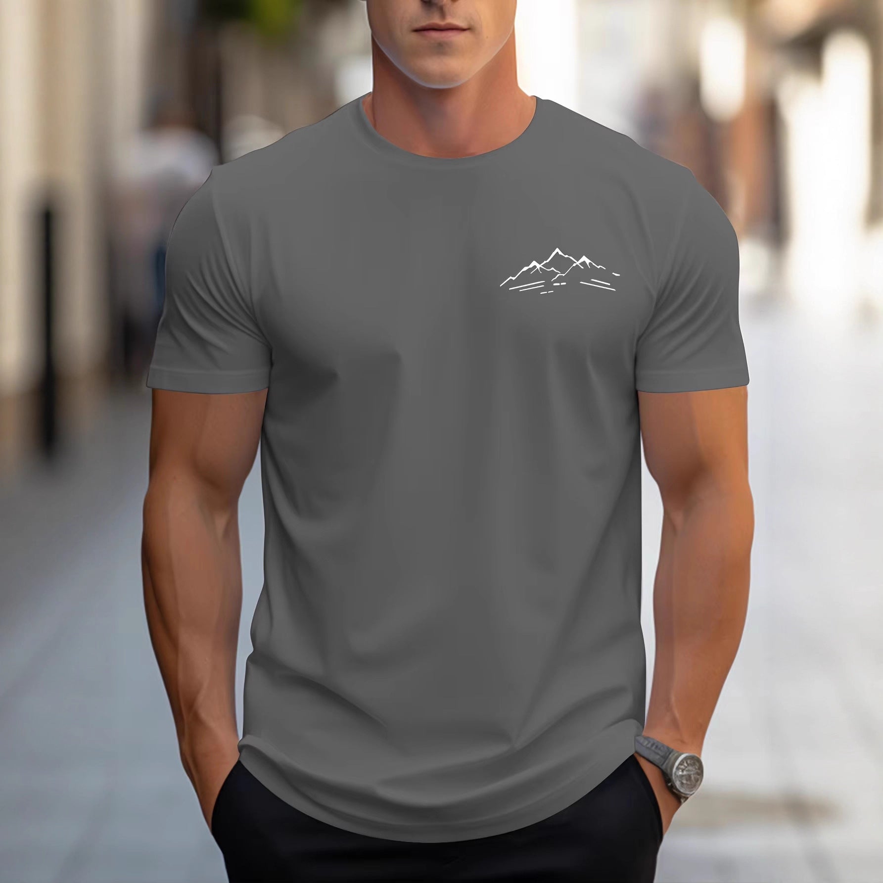 Cotton Relaxed Fit Mountain Pattern Printed Crew Neck Short Sleeve T Shirt For Sports