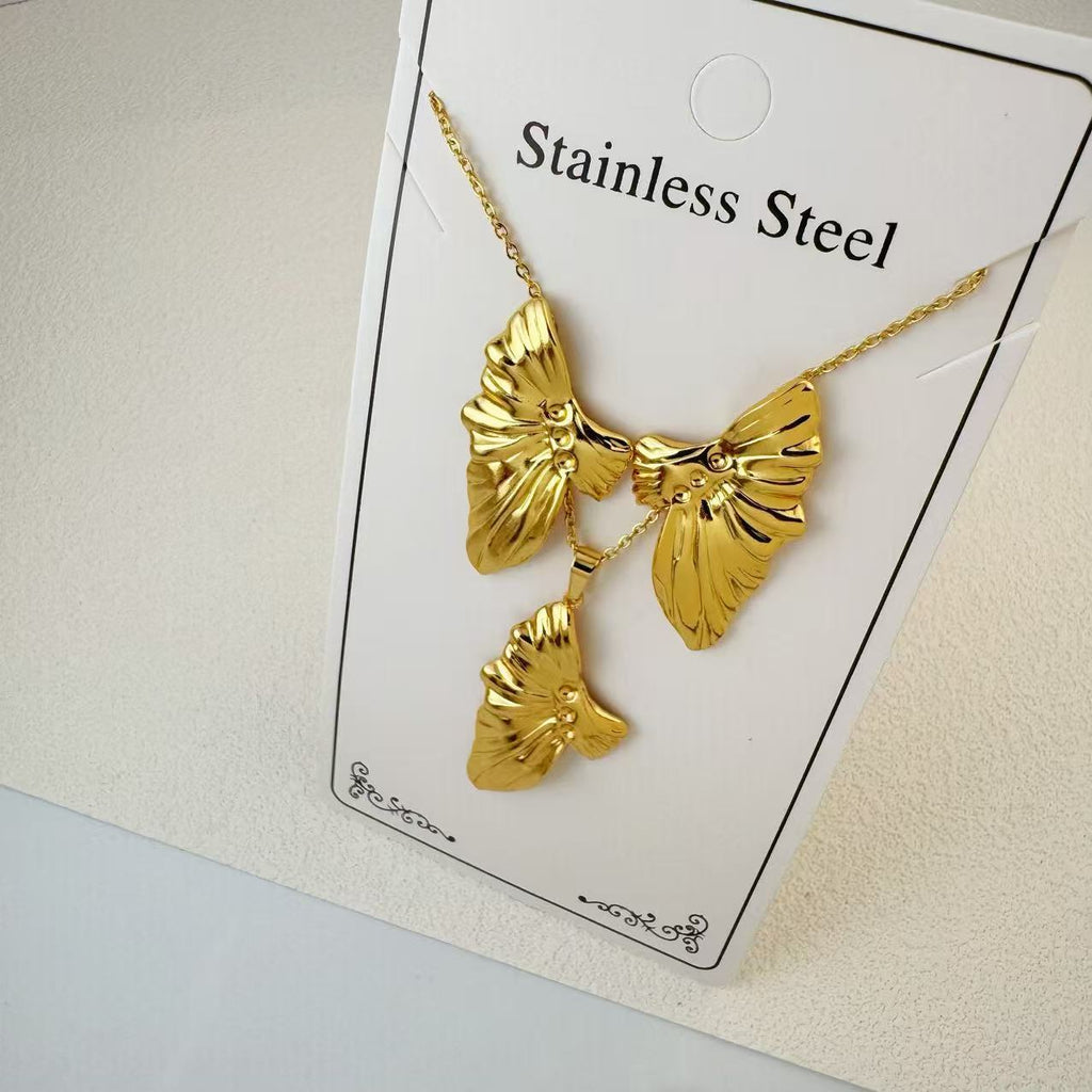 New Stainless Steel Plated 18k Gold Necklace Earring Set