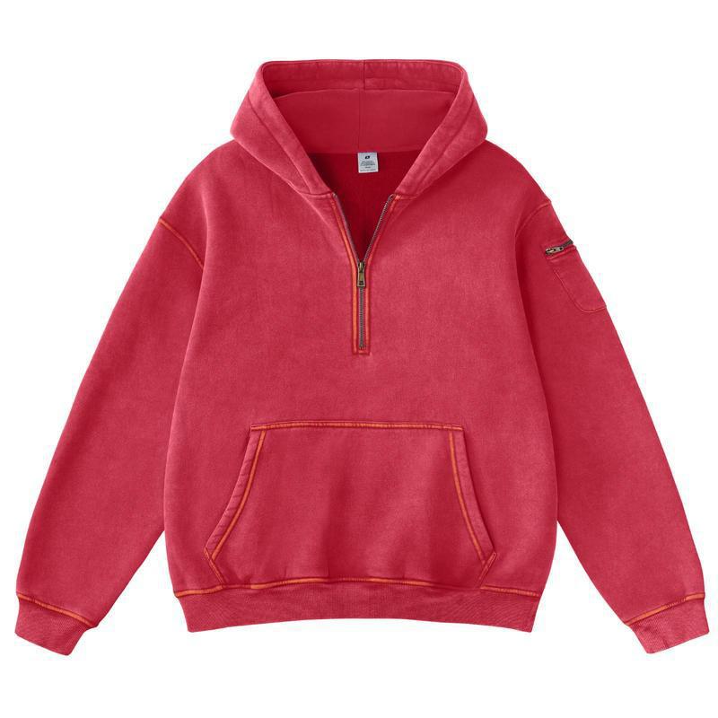 Mens Solid-Color Zip-Up Casual Loose Long-Sleeve Hoodie