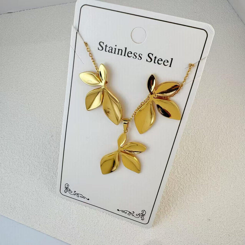 New Stainless Steel Plated 18k Gold Necklace Earring Set