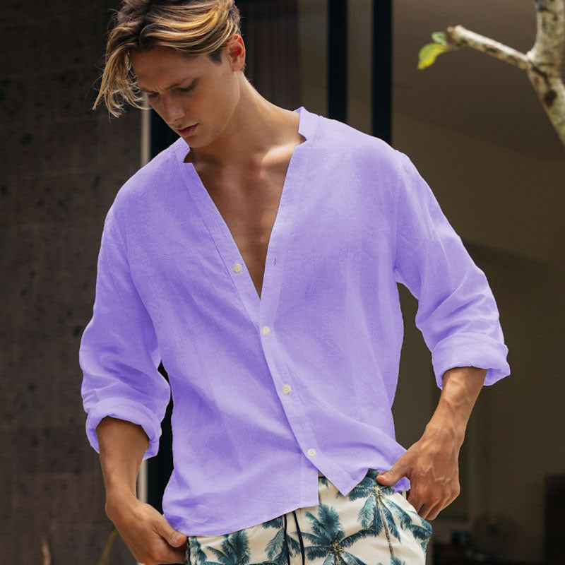 Mens Solid-color Casual Button-up Shirt Breathable