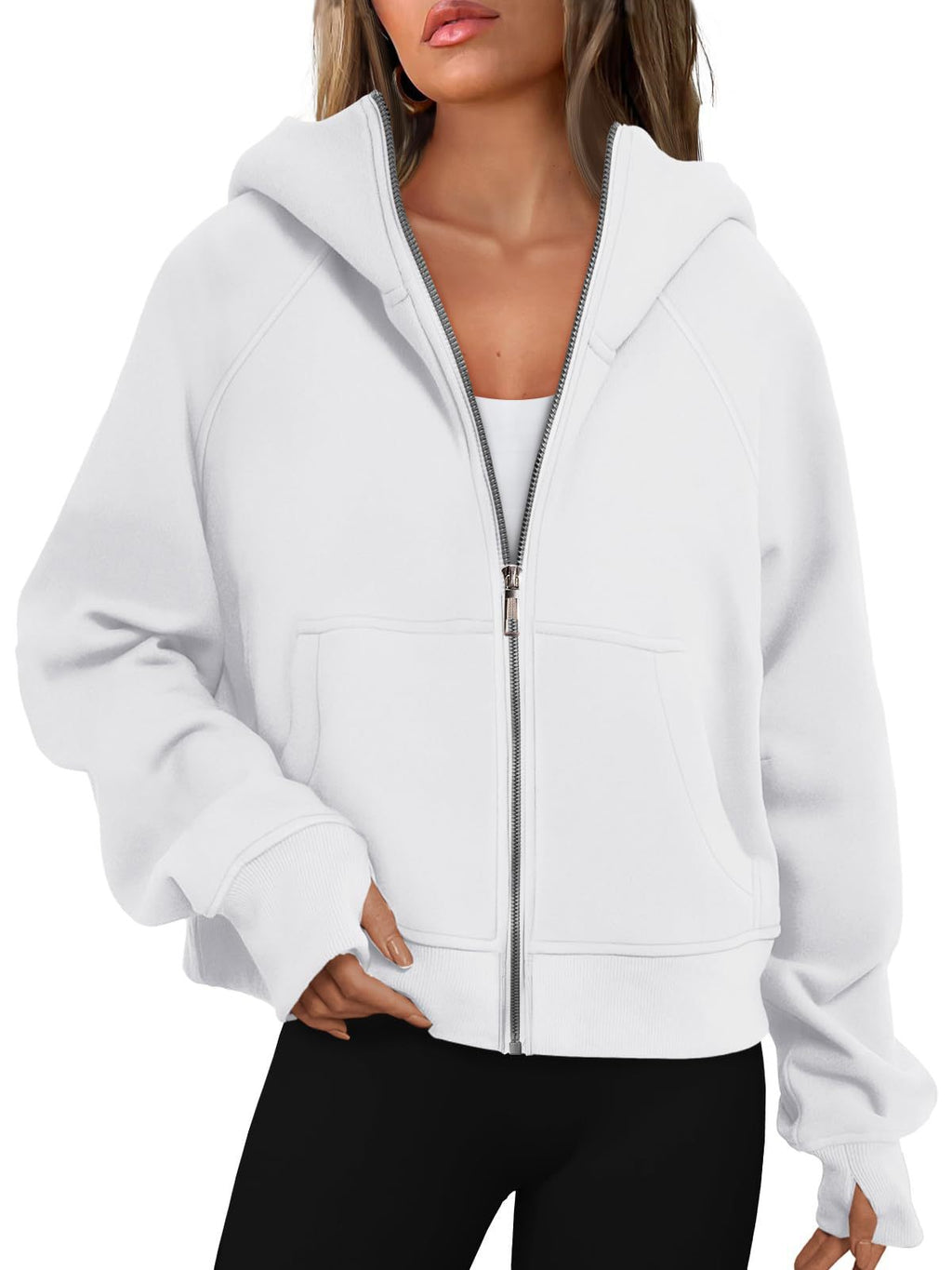 Loose Zip Long Hooded Thumb Hole Brushed Hoody